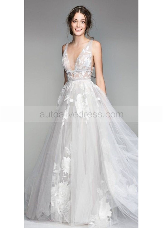 Bohemian Inspired V Neck Gray Lace Tulle Sexy Wedding Dress